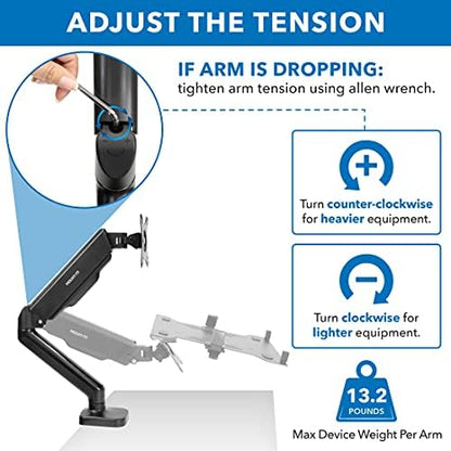 Mount-It! Monitor and Laptop Desk Mount, Height Adjustable Dual Arm Stand with Vented Laptop Tray, Fits Laptops up to 17 Inch and 13–27 Inch Monitors, VESA 75x75 & 100x100, Clamp or Grommet Mount