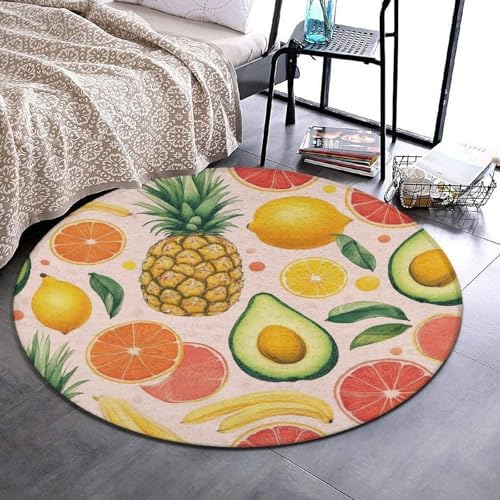 Large Round Area Rug Home Decor Modern Bathroom Rug Kitchen Office Circle Rug for Living Room Sofa Circle Cute Mat Avocado Nut Banana Pineapple Orange, 36inch