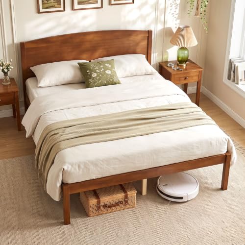 Full Size Wooden Bed Frame with Curved Headboard, Wood Slat Support