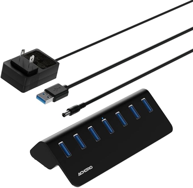 Achoro 7 Ports Powered USB HUB – 2nd Generation 10GB Super Speed External USB Port – USB 3.2 Aluminium USB Hub for Computer, Mac, PCs, Smartphone & Tablets – Computer Multiple USB Hub (Powered Black)