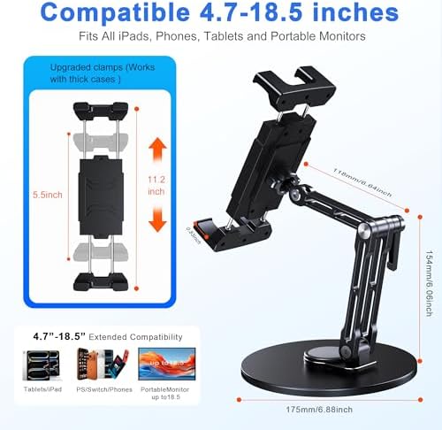 Tablet Stand for Desk, Portable Monitor Stand with Large Clamp up to 18.5"