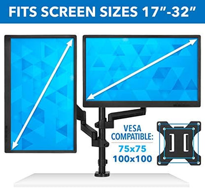 Mount-It! Dual Monitor Arm Desk Mount for 17–32" Screens, Gas Spring Adjustable Monitor Stand, Vertical Stack or Side-by-Side Setup, 17.6 lbs Each Arm, VESA 75x75 100x100, Clamp & Grommet Base MI-4762
