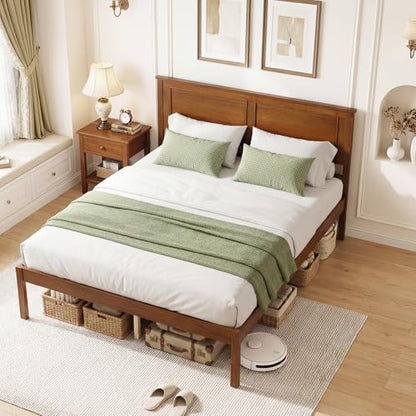 Full Size Bed Frame with Solid Wood Legs and Wooden Slats