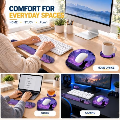 Black Cat Wrist Rest Mouse Pad 3 Piece Set with Keyboard Rest and Coaster