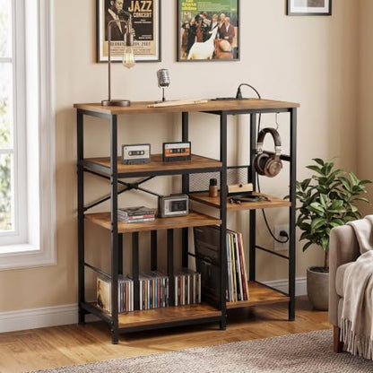 Record Player Stand with 300+ Vinyl Storage Shelves, Rustic Brown