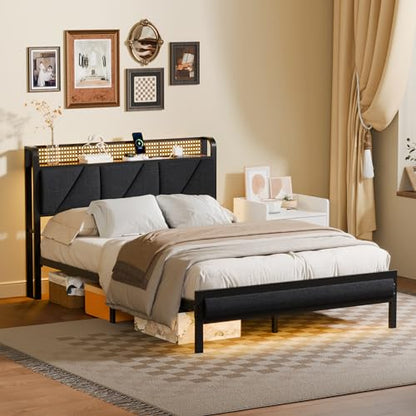 Full Size Bed Frame with Storage Shelf and Upholstered Headboard