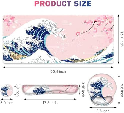 Gaming Mouse Pad, Large Desk Mat, Cute Desk Pad Protector, Pink Cherry Blossoms XXL Mousepad + Keyboard Wrist Rest+Mouse Wrist Rest+Coaster Set with Ergonomic Desk Pad, Japanese Wave of Kanagawa