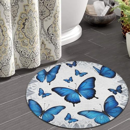 Large Machine Washable Circular Rugs, Home Decor Round Mat for Living Room Sofa Office Beautiful Blue Butterfly