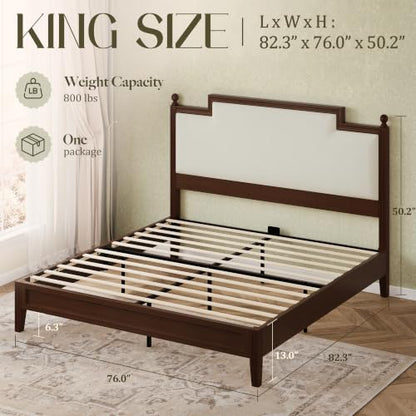 King Size Bed Frame with 50.2" Tall Upholstered Headboard, Walnut