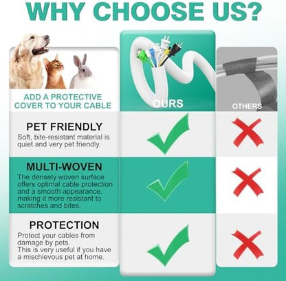 UOMTFAI Dog and Cat Cord Protector 10ft - 1inch, Flexible Cable Sleeve for Easy Cord Management, Protects Cables from Pets Chewing, Ideal for USB, Power, Audio and Video Cords - White