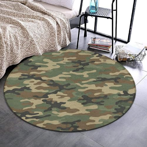 Machine Washable Modern Round Area Rug, Room Sofa Yoga Soft Round Carpet, Home Decor Non Slip Kitchen Office Circle Rug Green Camouflage Army Camo