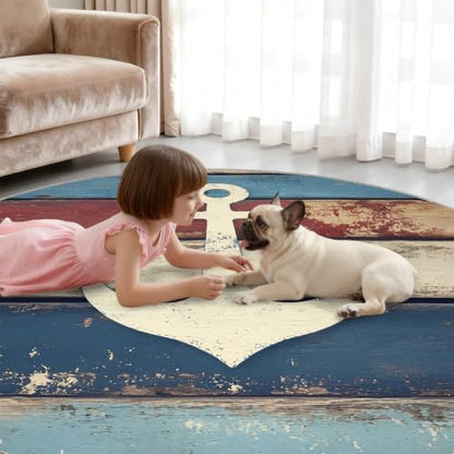 Nautical Round Area Rug - 6.6ft Navigational Anchor Round Rug for Living Room, Ocean Theme Circle Rugs Soft Non-Slip Carpet for Bedroom Kiks Room Dining Table Decor Mat