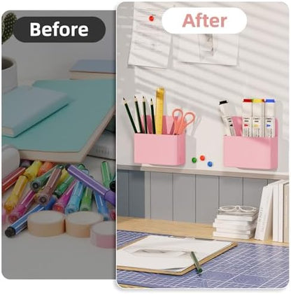 Mabrasse 2p Magnetic Dry Erase Marker Holder,Pen and Eraser Holder for Whiteboard, Magnet Pencil Cup Utility Storage Organizer for Office, Refrigerator, Locker and Metal Cabinets（Pink）