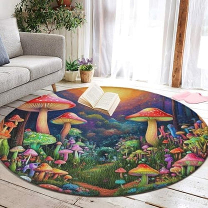 Large Round Area Rug Home Decor Modern Bathroom Rug Kitchen Office Circle Rug for Living Room Sofa Circle Cute Mat Trippy Mushroom Magic World Art, 60inch