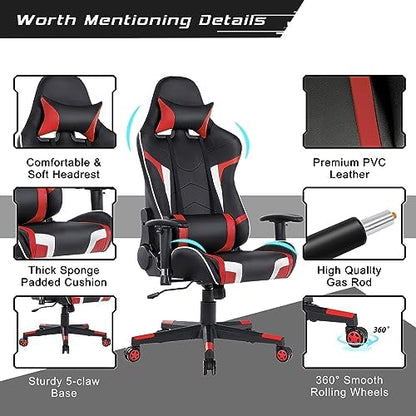 DORTALA Ergonomic Gaming Chair, High-Back Racing Chair w/Massage Lumbar Support, Extra Power Bank Pocket, 360° Swivel, Adjustable Backrest & Armrest, for Office, Game Room (Red)