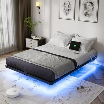 Floating Bed Frame Full Size Metal with LED Light & Charging Station