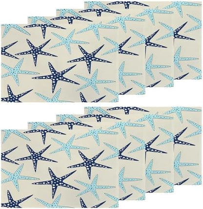 Shrahala Coastal Nautical Set of 8 12 X 18 Inch Linen Placemats, Blue Navy Sea Star Seamless Beach Turquoise Starfish Burlap Table Mat Washable Double Layered Heat Insulation for Indoor/Outdoor