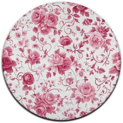 Large Home Decor Mat, Soft Round Yoga Carpet, Non Slip Machine Washable Home Office Circle Rug Pink Flowers Rose Floral
