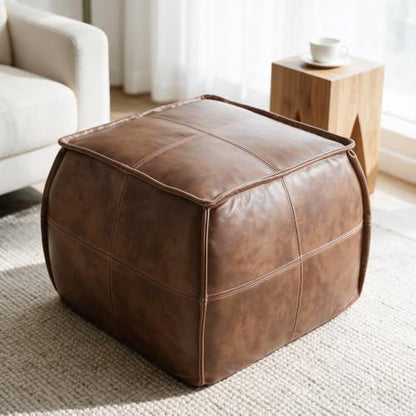 Genuine Leather Ottoman, Square Pouf Footstool (Square, Brown)