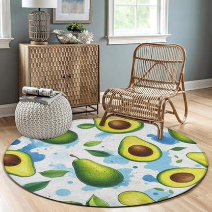 Machine Washable Modern Round Area Rug, Room Sofa Yoga Soft Round Carpet, Home Decor Non Slip Kitchen Office Circle Rug Fruits Exotic Avocado Art, 24inch