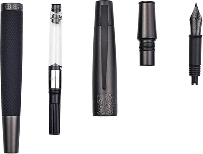 Pure Black Fountain Pen, PVD Coated Black Bent Nib Solid Metal Fude Pen, Metal Box Set by Hongdian