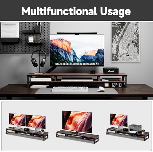 Dual Monitor Stand Riser for Desk, 41.7 Inch Large 2 Tier Computer Monitor Stand for 2 Monitors, Desktop Storage Organizer Shelf with Keyboard Space for Laptop PC Printer Brown