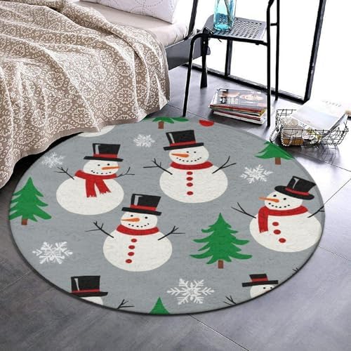Fashion Round Area Rug Large Non Slip Carpet, Snowman and Snowflake Pattern Unisex Home Decor Mat