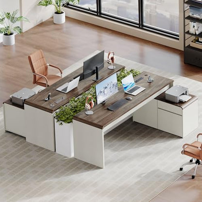 78.7 Inch Large L Shaped Desk with Drawers, White & Walnut, 2 Pack