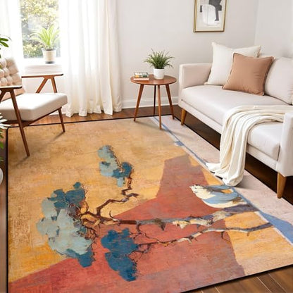 Serene Bear Wind Blown Pines Abstract Landscape Area Rug Outdoor Patio Rug Play Mat Modern Floor Carpet Non-Slip Home Decor Living Room Kids Bedroom Nursery, 6x9 ft