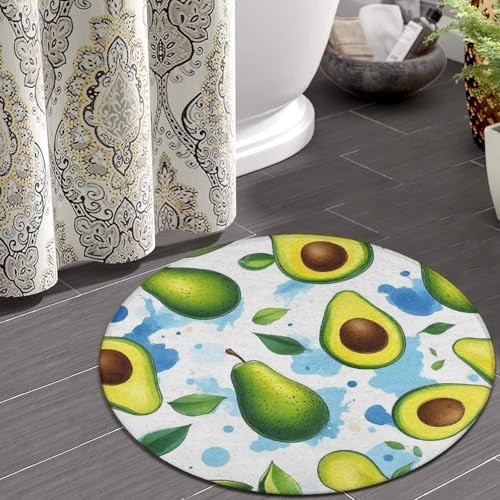 Machine Washable Modern Round Area Rug, Room Sofa Yoga Soft Round Carpet, Home Decor Non Slip Kitchen Office Circle Rug Fruits Exotic Avocado Art, 24inch