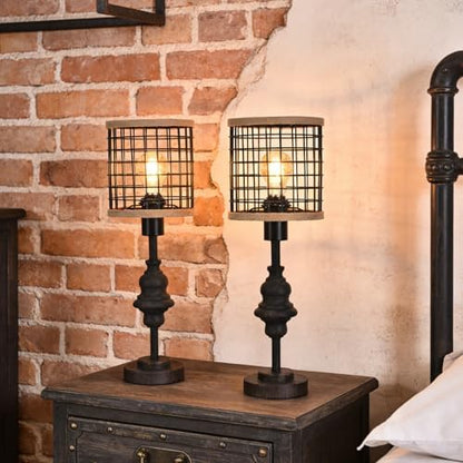 2 Pack Black Industrial Metal Mesh Table Lamp, 20" Tall Farmhouse Bedside Lamp with Burlap Trim, 5ft Brown Cord Rotary Switch, E26 Bakelite Socket for Bedroom Living Room