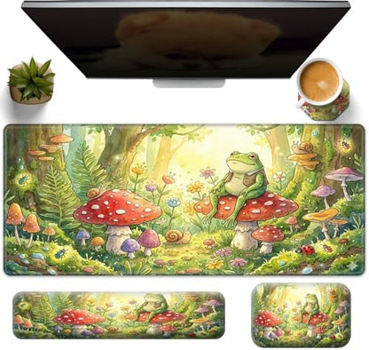Large Gaming Mouse Pad + Memory Foam Ergonomic Keyboard Wrist Rest Support + Wrist Rest + Coaster, Green Desk Decor Mat, Stitched Edge Non Slip Desk Mat 4PC for Office & Home, Cute Frog Kawaii