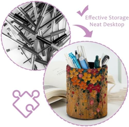 Leather Pen Holder for Desk, Hanging Floral Pencil Cup Pen Organizer Makeup Brush Holder for Office Home Kids Countertop Desk Accessory Storage