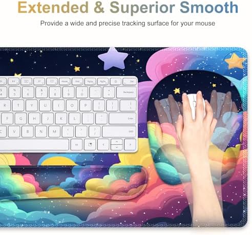 Mouse Pad with Wrist Support 4 in1 Set, XXL Big Game Mousepad + Keyboard Wrist Rest + Mouse Wrist Rest Pad +Coaster Gaming Mat for Home Office Work Computer Laptop I Colorful Clouds Starry Night