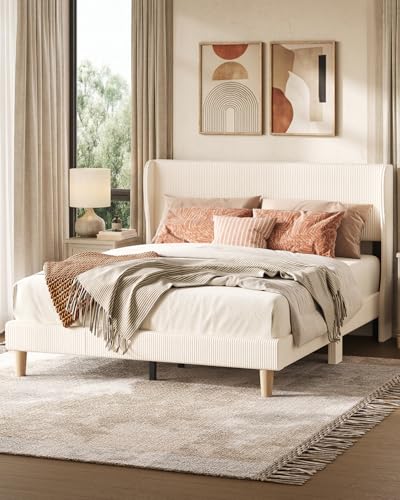 Queen Bed Frame with Wingback Headboard,Upholstered,Beige