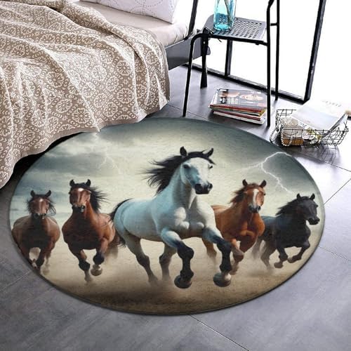 Soft Round Yoga Carpet, Office Chair Decor Round Mat for Carpet and Hardwood Floors Running Horse