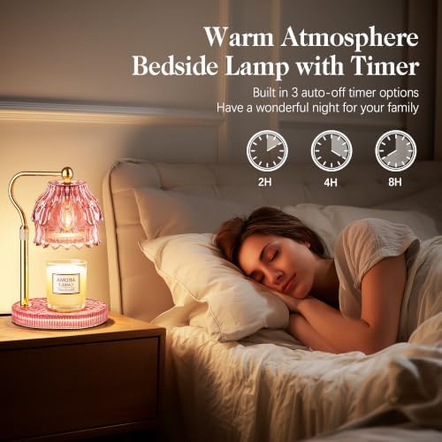 Candle Warmer Lamp with Timer Dimmer, Modern Wax Warmer for Scented Wax Jar Candle Warmer with 2 Bulbs, Adjustable Height Glass Lamp for Women, House Warming Gifts, Gold Pink