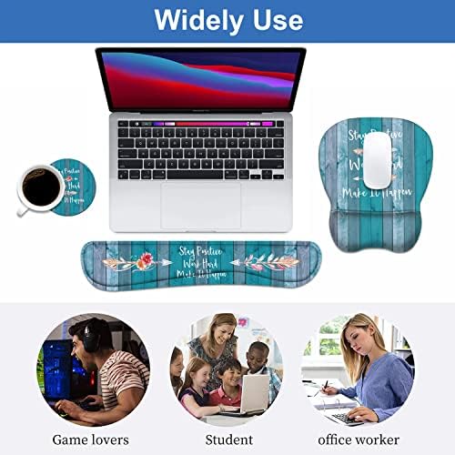 Mouse Pad Wrist Support and Keyboard Wrist Rest Set with Coasters, Stay Positive Work Hard and Make It Happen Inspirational Quote Non-Slip PU Base Ergonomic Mousepad for Home Office Working Studying