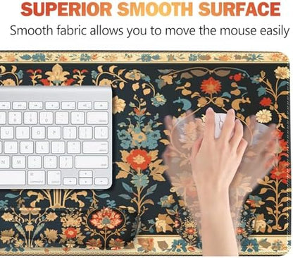 ARTSO Desk Mat Set, Mouse Pad with Wrist Rest Support + Keyboard Wrist Rest + Large Mouse Pad + Coaster, Extended Gaming Mousepad Combo, Retro Flower Plant