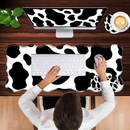 Mouse Pad with Wrist Support + Desk Mat + Coaster 3 in 1 Set, XL Large Gaming Mousepad Ergonomic Mouse Pads for Desk Computer Laptop Office,Cow Print