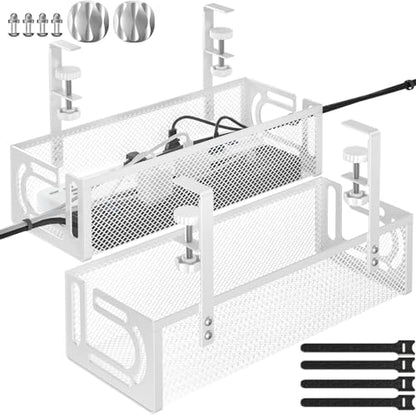 Under Desk Cable Management Tray, 15.7'' No Drill Steel Desk Cable Organizers, Wire Management Tray Cable Management Rack (2 Packs-White)
