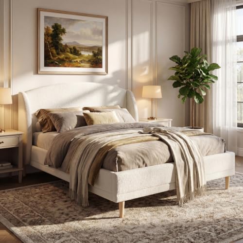 Queen Upholstered Bed Frame with Wingback Headboard (White, Queen) | Cloud Boucle Platform Bed, Solid Wood Legs, Strong Wood Slats Support, No Box Spring Required