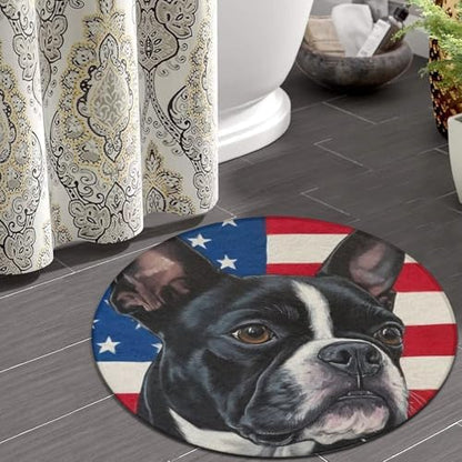 Room Sofa Yoga Soft Round Carpet, Home Decor Non Slip Kitchen Office Circle Rug, Machine Washable Modern Round Area Rug American US Flag Boston Terrier, 24inch