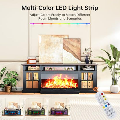 70" Fireplace TV Stand,3-Sided Glass Electric Fireplace, Black