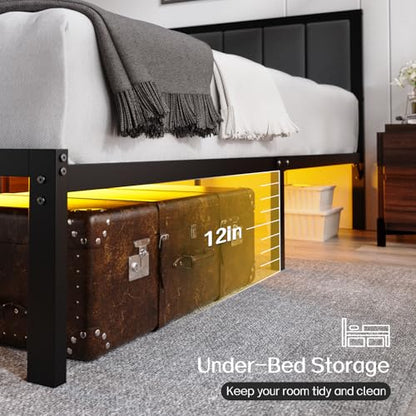 Queen Bed Frame with Headboard, Smart LED & Charging Station