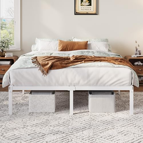 Full Size Bed Frame, 12 Inch Metal Beds with Storage Space, White