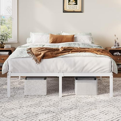 Full Size Bed Frame, 12 Inch Metal Beds with Storage Space, White