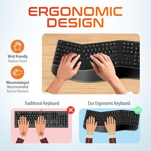 Delton Wireless Ergonomic Keyboard, 2.4G USB Dongle Full-Size Keyboard