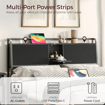 Headboard Queen Size with 2 Power Strips and Flip Door Storage