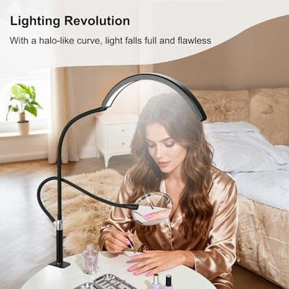 Half Moon Desk Lash Light with 4X Magnifier, 2-in-1 Dual Arm Gooseneck Clamp Lamp for Eyelash Extension, Shadow-Free Esthetician Light, Adjustable Color & Brightness for Tattoo, Sewing, Crafts
